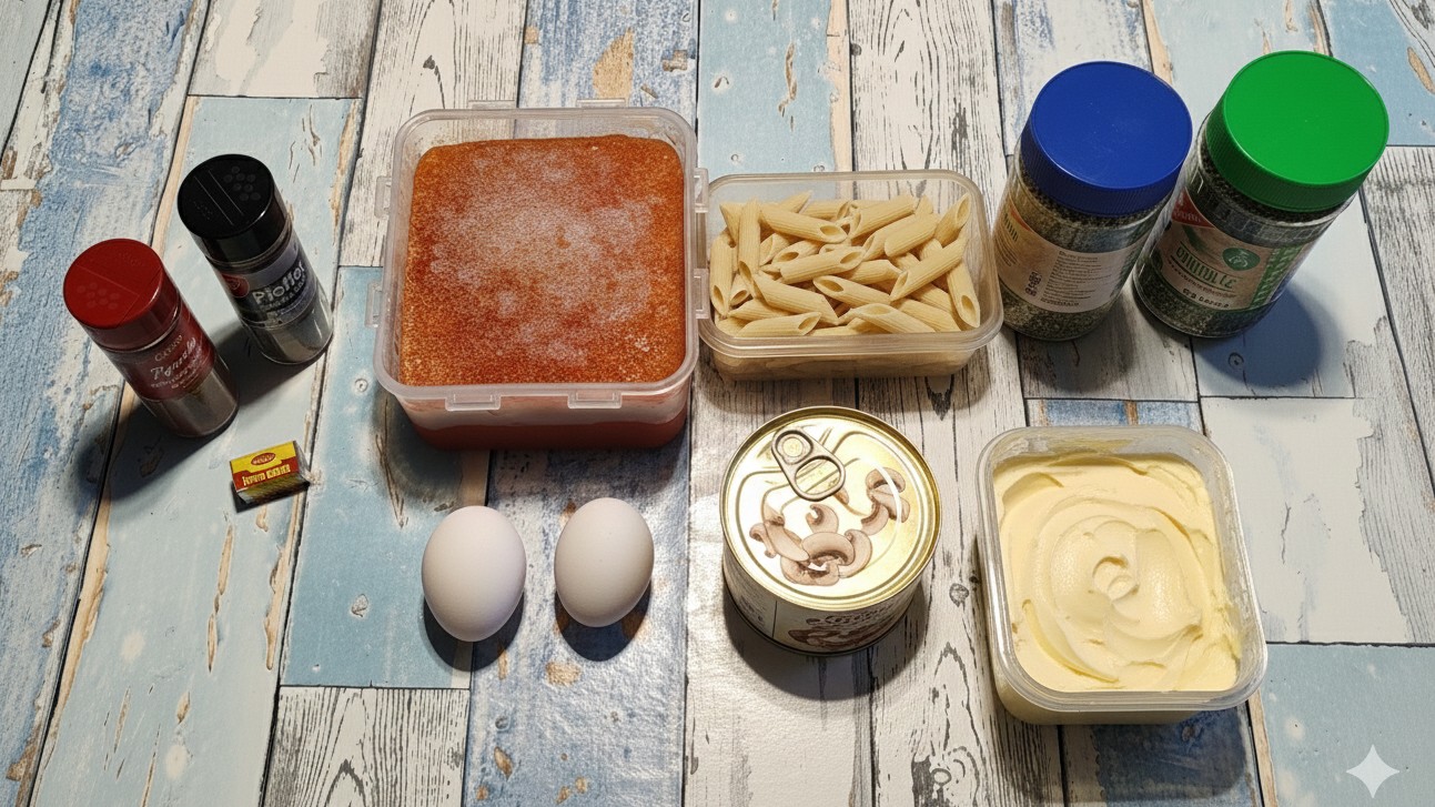 Zutaten für Dinkelpenne in Tomate